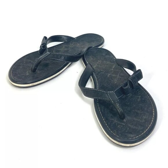 LOUIS VUITTON Monogram ribbon beach sandals shoes tongs rubber / Leather Black